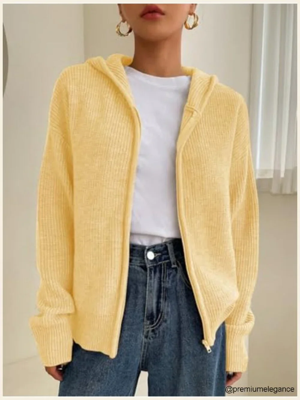 Zip Up Hooded Cardigan Sweater Knit Drop Shoulder Long Sleeve Fall Winter